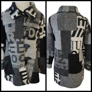 Womens Sz Medium Gray Wool‎ Blend Jacket Poland Lagenlook Patchwork Mixed Print